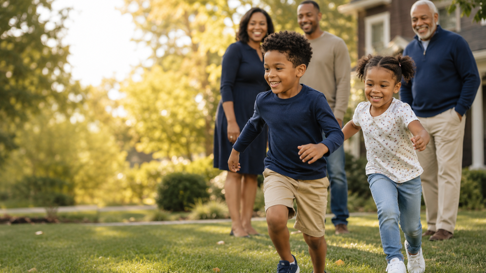Happy young children playing outside while family watches nearby