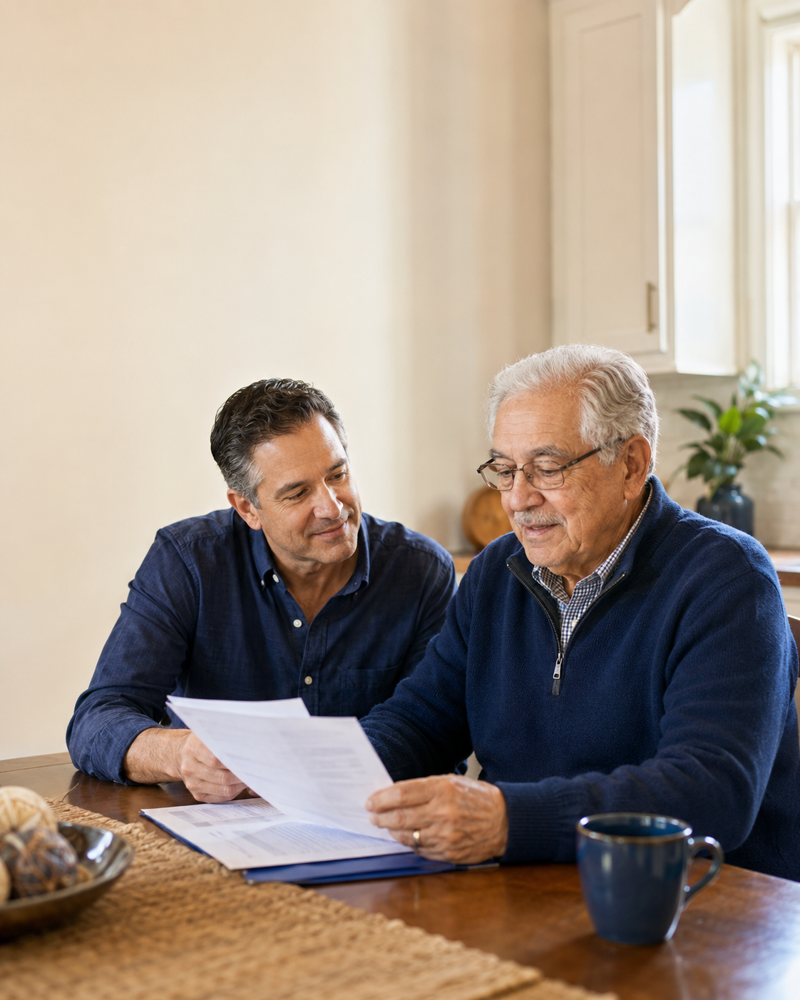 Older adult and adult child reviewing paperwork together at a kitchen table for life insurance planning.